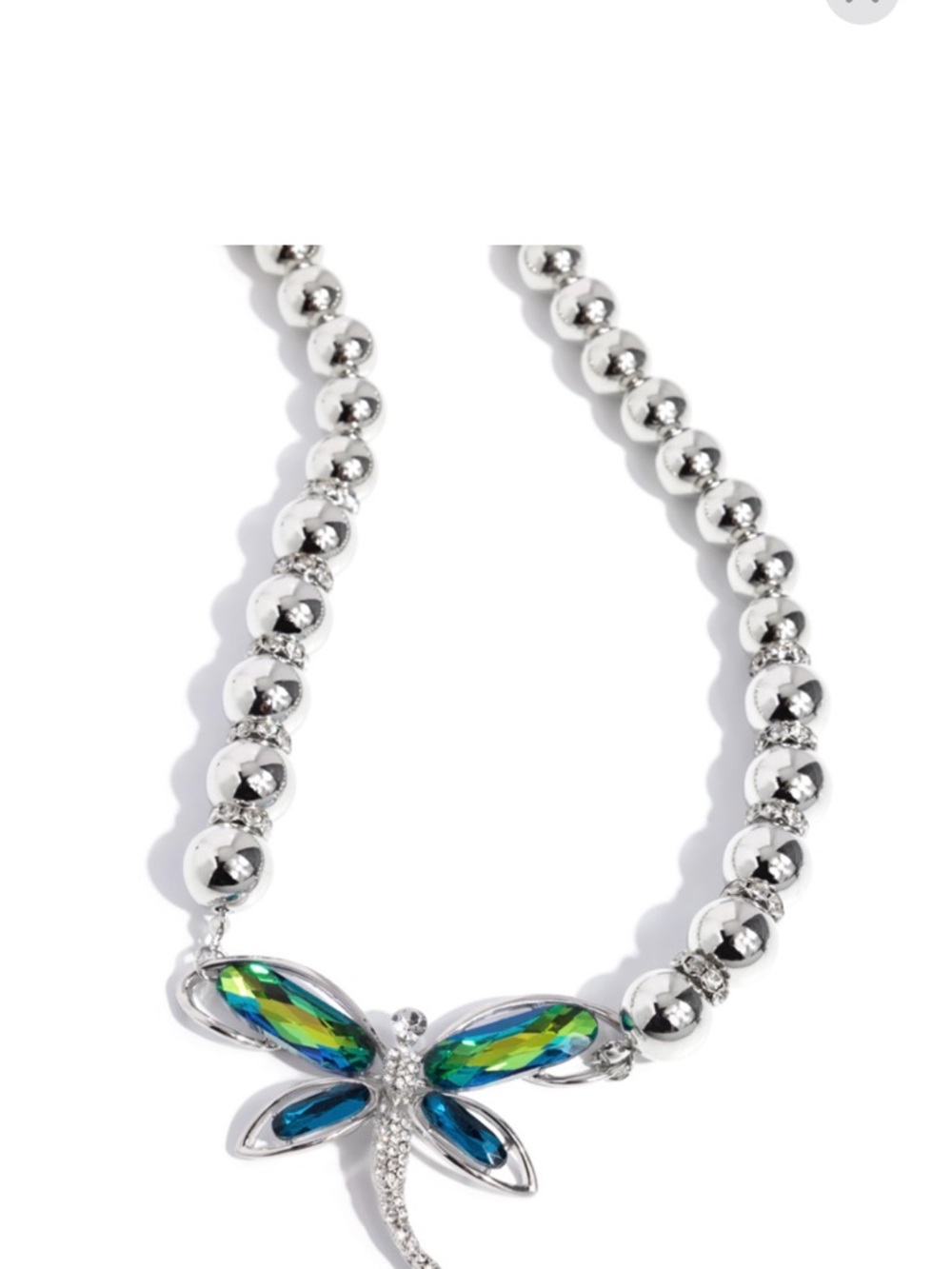 N-105  Silver Dragonfly Pendant Necklace with Blue-Green Crystals
